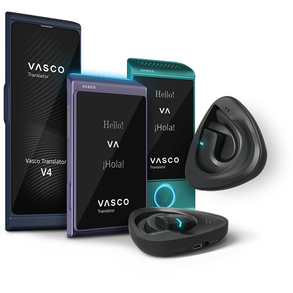Zijaanzicht van Vasco-apparaten: Vasco Translators V4, Q1, M4 en E1 naast elkaar weergegeven.